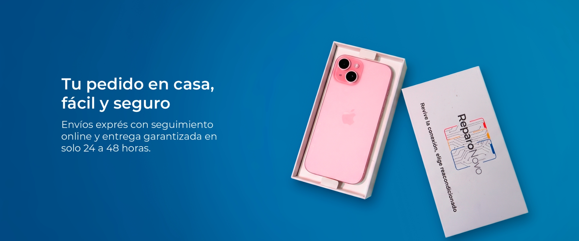 Envío de iPhone reacondicionados a domicilio en 24-48 horas iPhone reacondicionado rosa en su caja junto al embalaje de envío de ReparoNovo